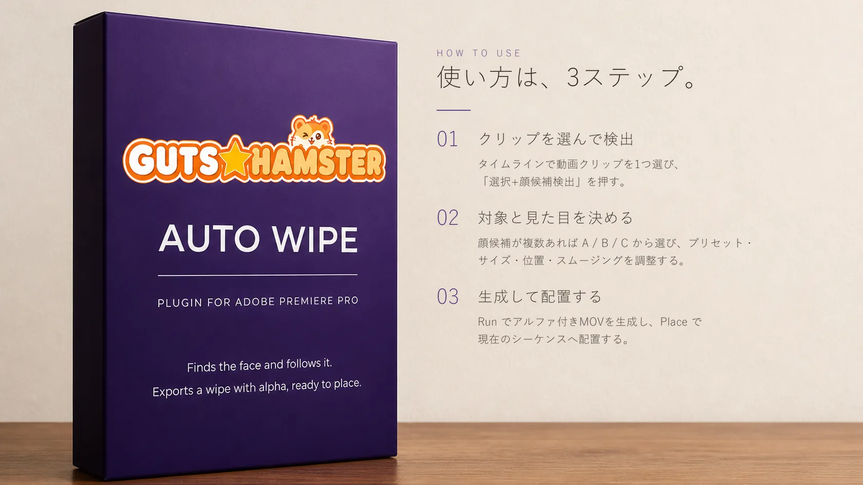 AUTO WIPE Pro（顔追従ワイプ作成） の使い方。3ステップの手順図